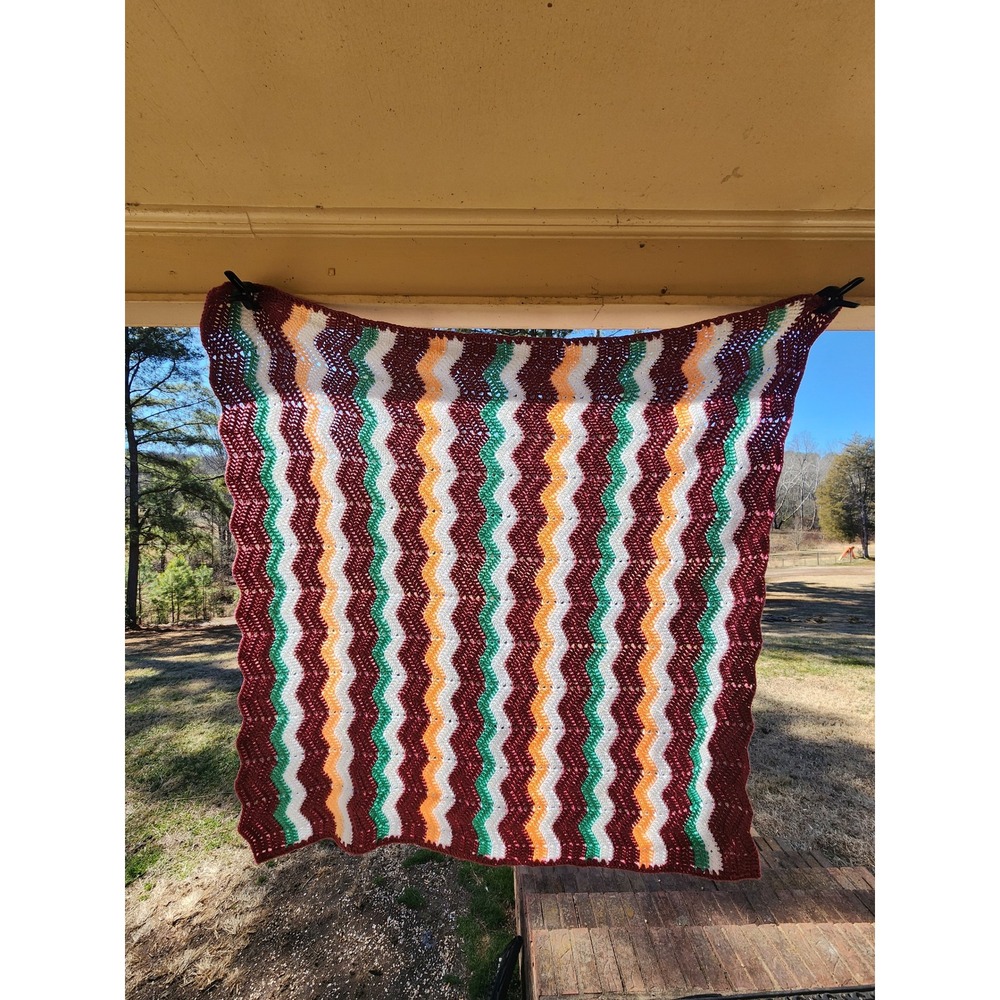 Handmade Crochet Chevron Ripple Throw Blanket Burgundy Green Yellow White Stripe